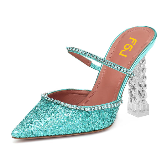 Turquoise Glitter Shoes Clear Heel Rhinestone Mules for Women