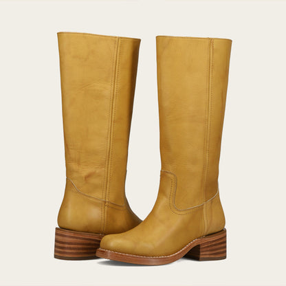 Yellow Pull-On Square Toe Block Heel Mid Calf Boots for Women