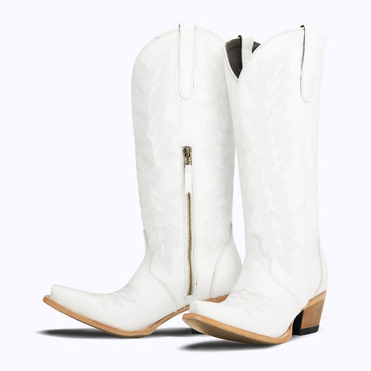 White Snip Toe Chunky Heel Embroidered Knee High Boots with Zipper