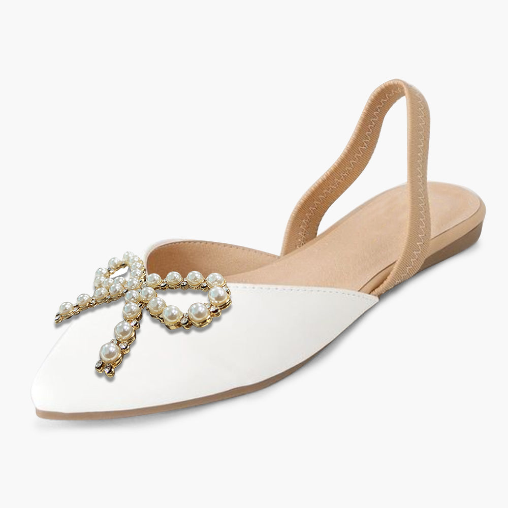White Pointed Toe  Mules With Pearl Bow Decor Slingback Flats