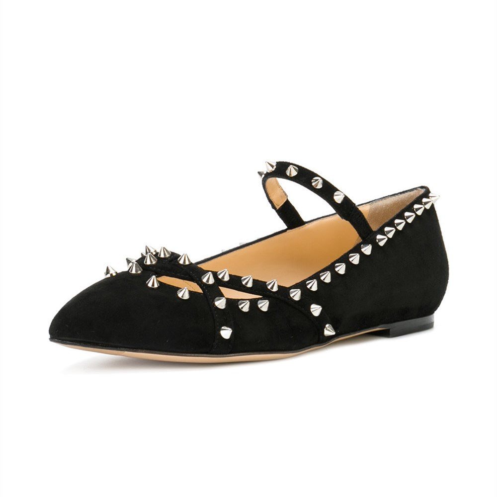 Black Vegan Suede Pointed Toe Rivets Strappy Mary Jane Flats