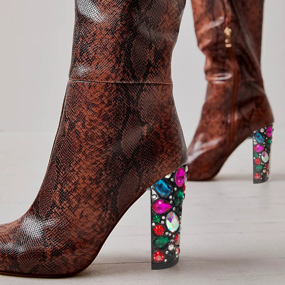 Women's Snake Textured Gem Decorative Heel Tall Boots with Zipper