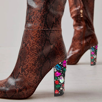 Women's Snake Textured Gem Decorative Heel Tall Boots with Zipper