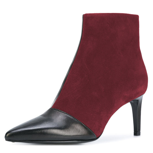 Black and Maroon Patchwork Stiletto Heel Ankle Boots
