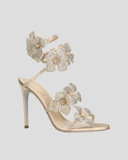 Elisa Flower Embellished Snake Sandals In Gold