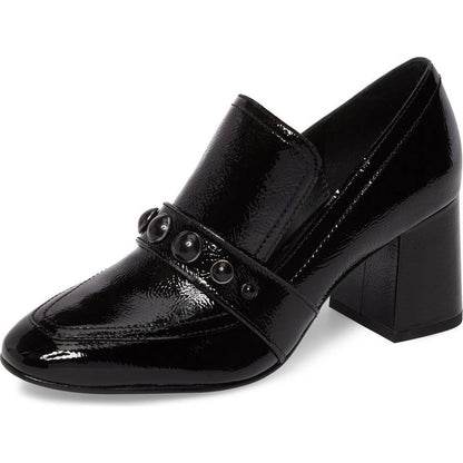 Stylish Black Studded Strap Block Heel Women's Loafers