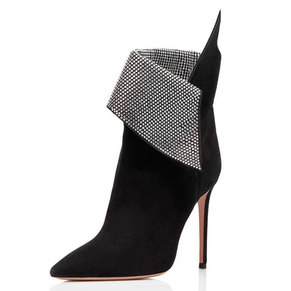 Black Fold Over Rhinestones Pointy Toe Stiletto Heel Ankle Boots