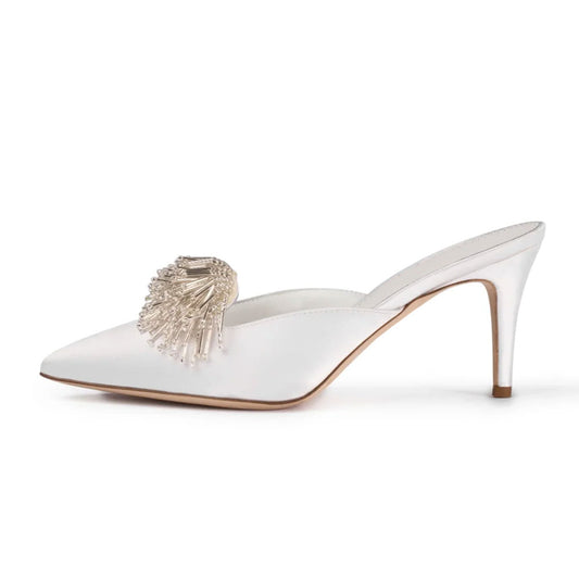 White Satin Beaded Tassel Mule Kitten Heels with Pointed Toe