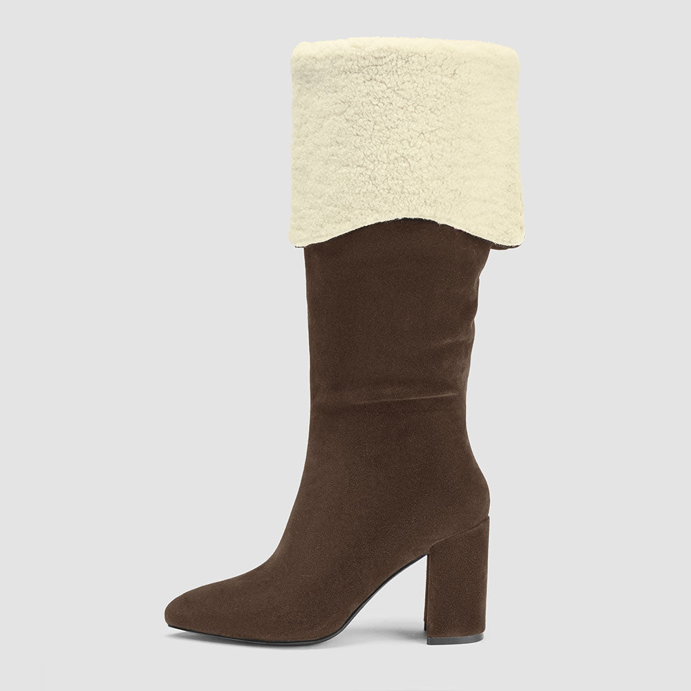 FSJ Brown Vegan Suede Almond Toe Fold Over Fuzzy Knee High Boots