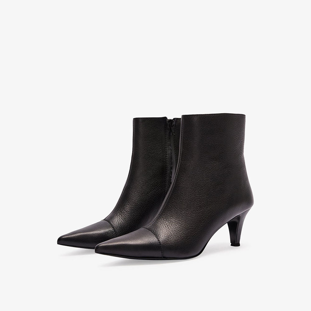 Women's Classic Black Pointed Toe Kitten Heel Ankle Boots with Zipper