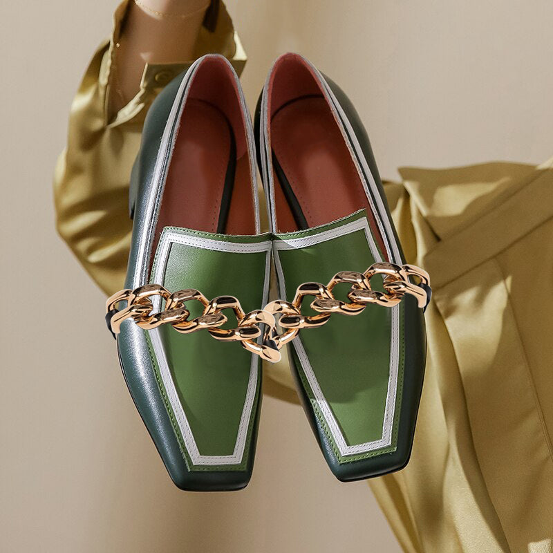 Green Square Toe Chunky Heel Women's Loafers with Gold Chain