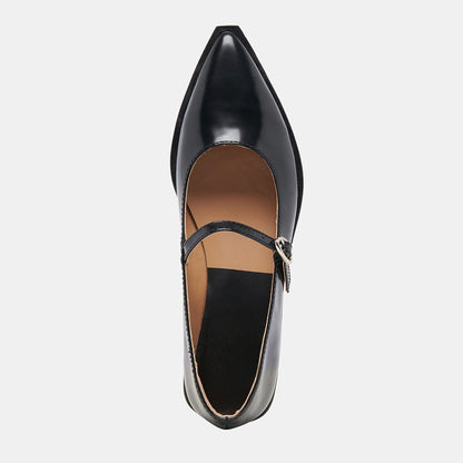 Black Patent Leather Pointed Toe Mary Jane Flats with Buckle Strap
