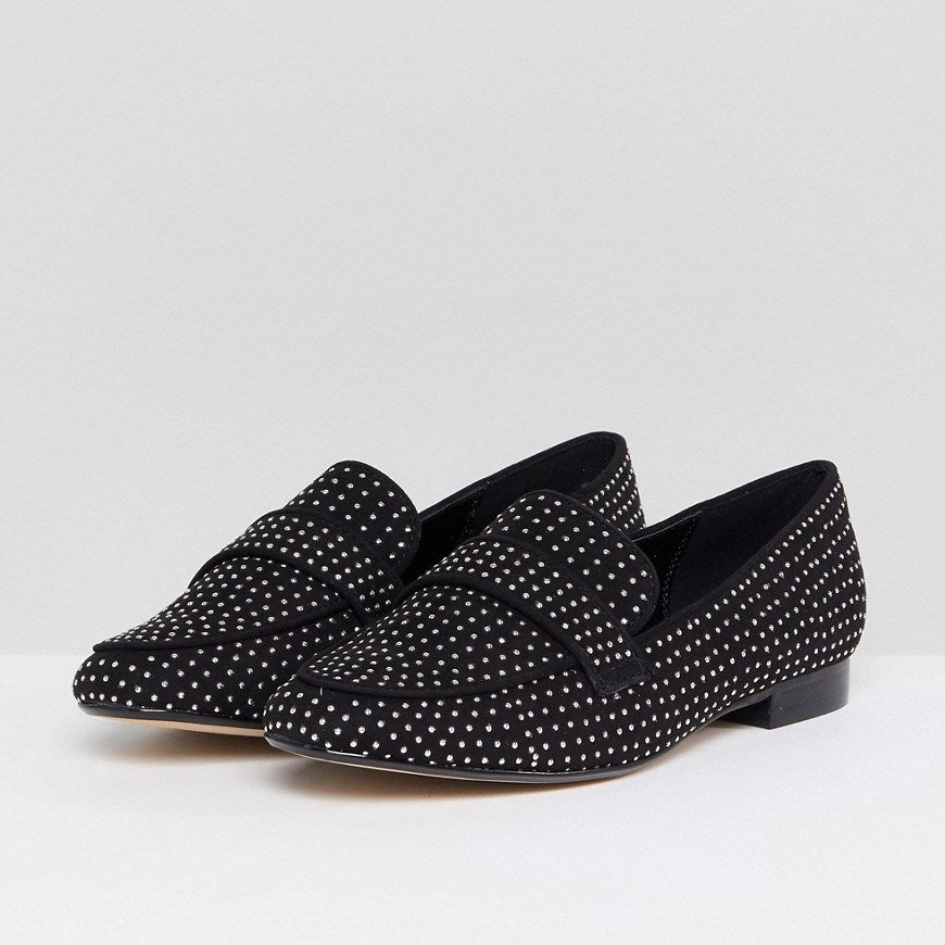Black Studs Loafers for Women Vegan Suede Round Toe Flats