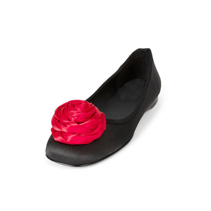 Black Satin Square Toe Ballet Flats with Red Rose Embellished