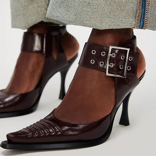 Women's Dark Burgundy Pointed Toe Buckle Ankle Strap Pumps Heels