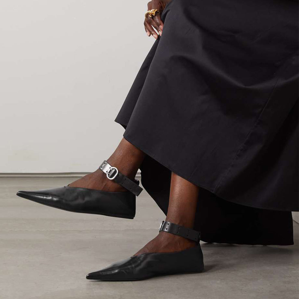 Black Pointed Toe Buckle Shoes Classic Ankle Strap Flats for Women