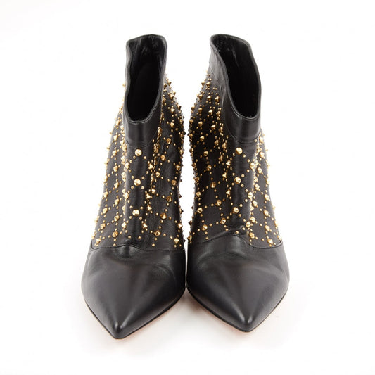 Black Pointed Toe Low Cut Stiletto Heel Ankle Boots with Gold Stud