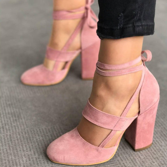 Women's Pink Vegan Suede Round Toe Strappy Block Heel Pumps by FSJ