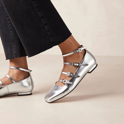 Shiny Silver Square Toe Strappy Flats Buckled Mary Jane Shoes