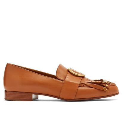 Tan Round Toe Fringe Flats Circle Buckle Studded Loafer Shoes Women