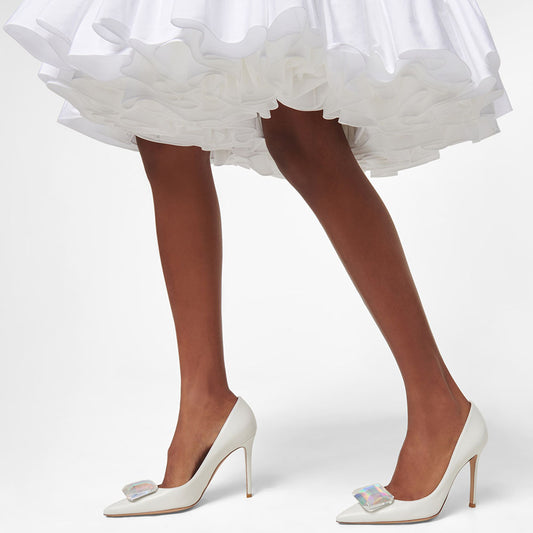 Women's White Pointy Toe Stiletto Heel Pumps with Faux Gem Decor