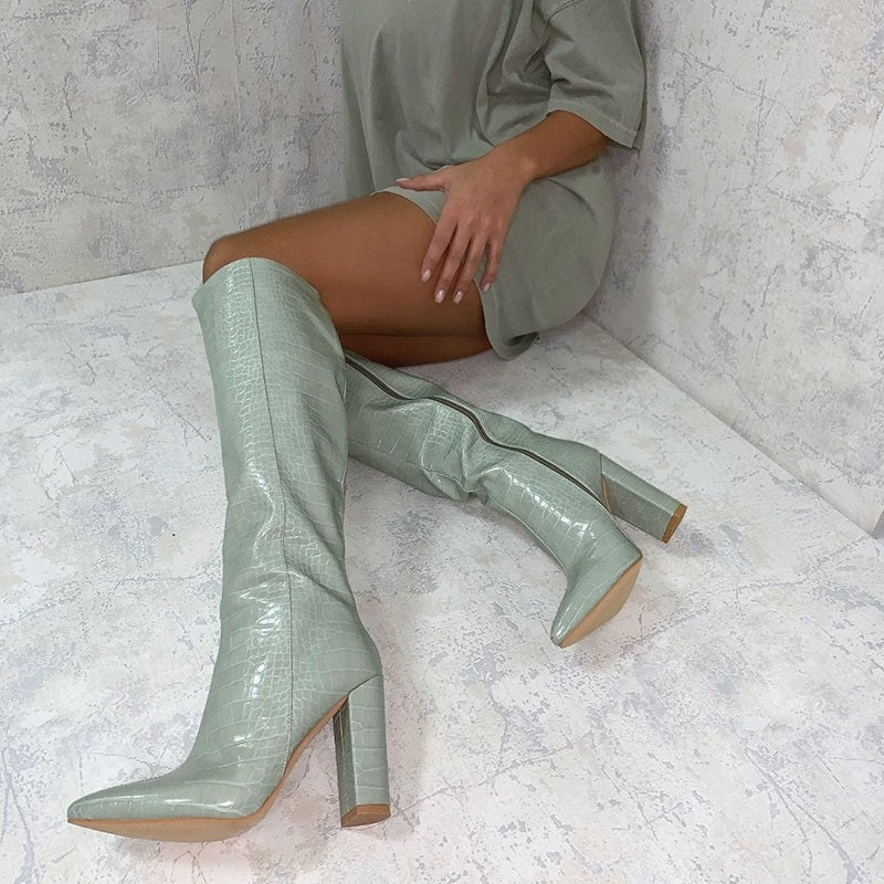 Mint Croco Embossed Chunky Heel Zipper Knee High Boots