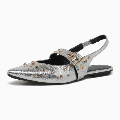 Pointed Toe Studded Buckled Strap Flats Slingback Shoes in Silver