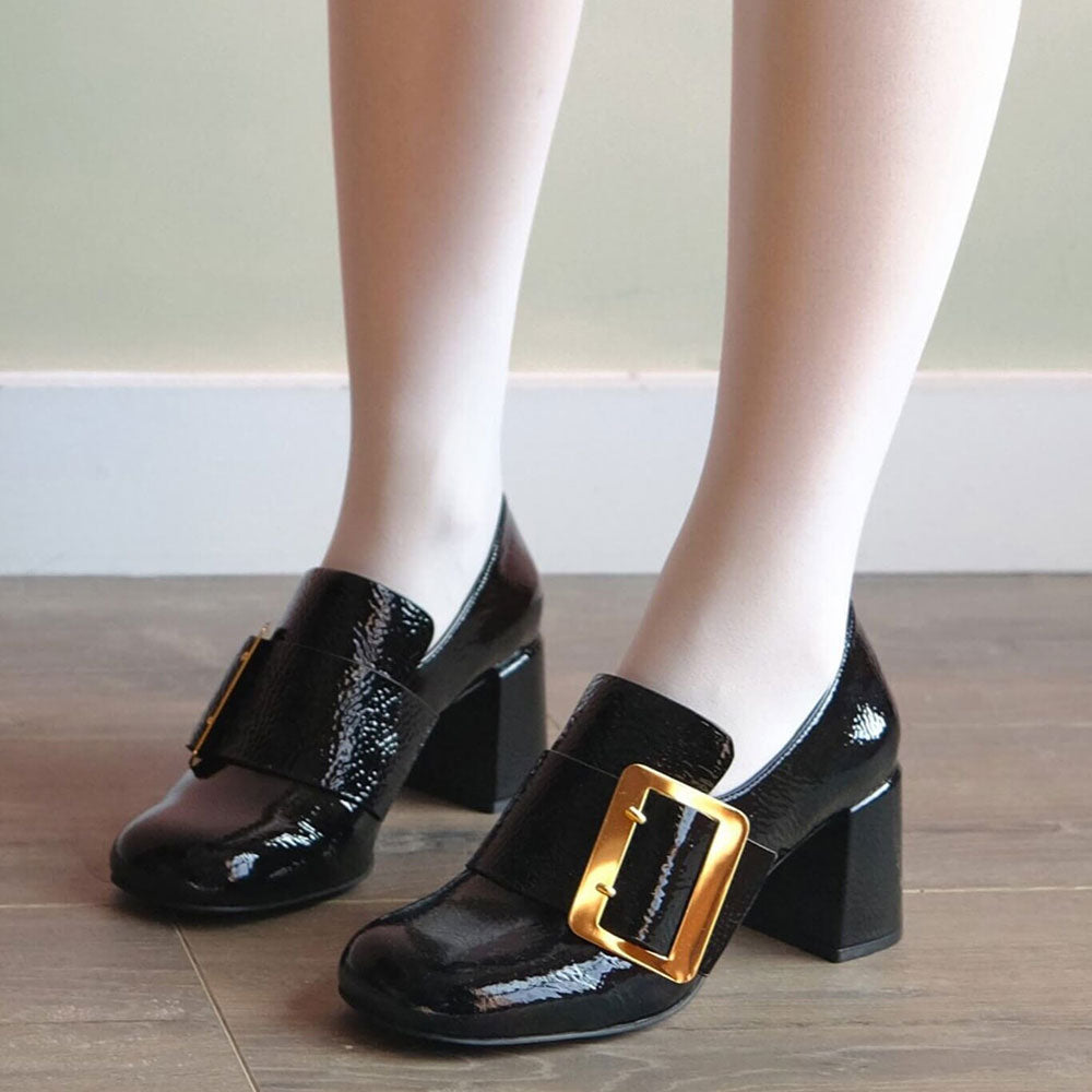 Black Square Toe Chunky Heel Women's Loafers with Oversize Buckle