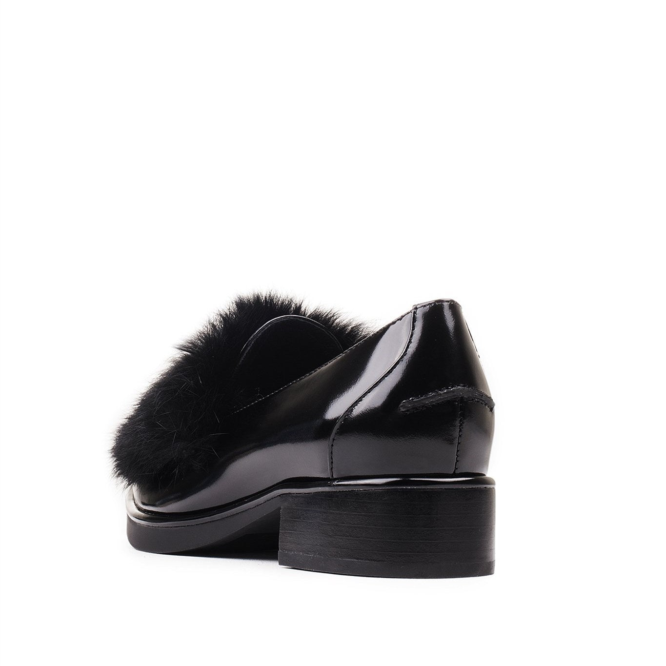 Black Patent Leather Faux Fur Decor Low Heel Women's Loafers