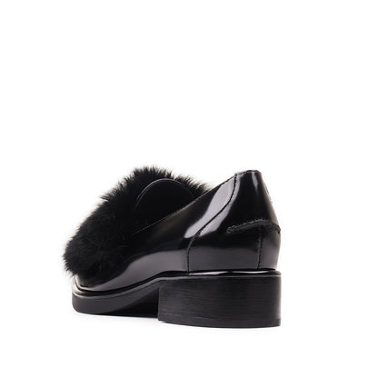 Black Patent Leather Faux Fur Decor Low Heel Women's Loafers