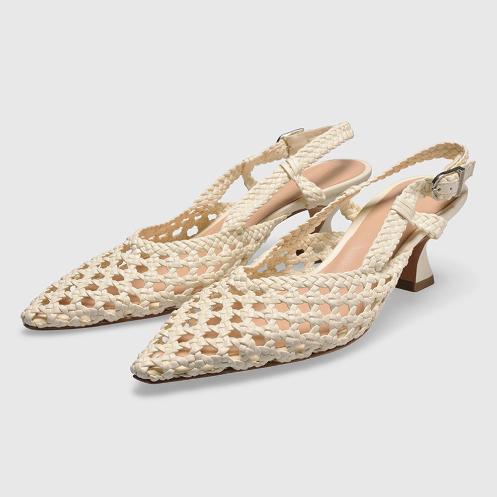 Beige Pointed Toe Hollow-Out Woven Slingback Heeled Sandals for Women