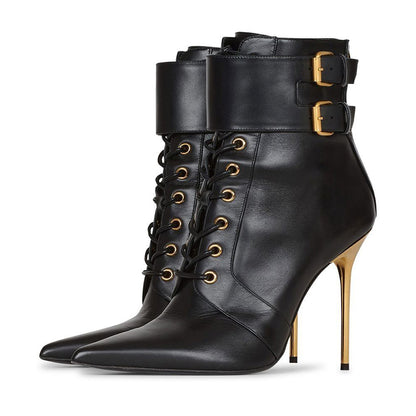Black Faux Leather Stiletto Heel Lace Up Buckle Pointy Toe Ankle Boots
