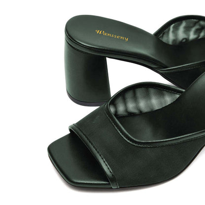 Women's Classic Dark Green Open Square Toe Mesh Mule Heels