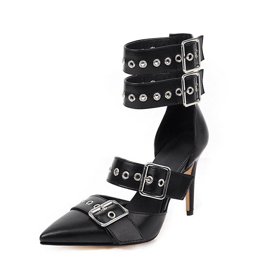 Women's Pointed Toe Grommet Strap Buckled Stiletto Black Pumps