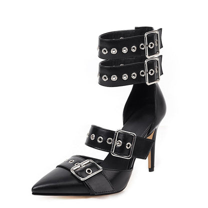 Women's Pointed Toe Grommet Strap Buckled Stiletto Black Pumps