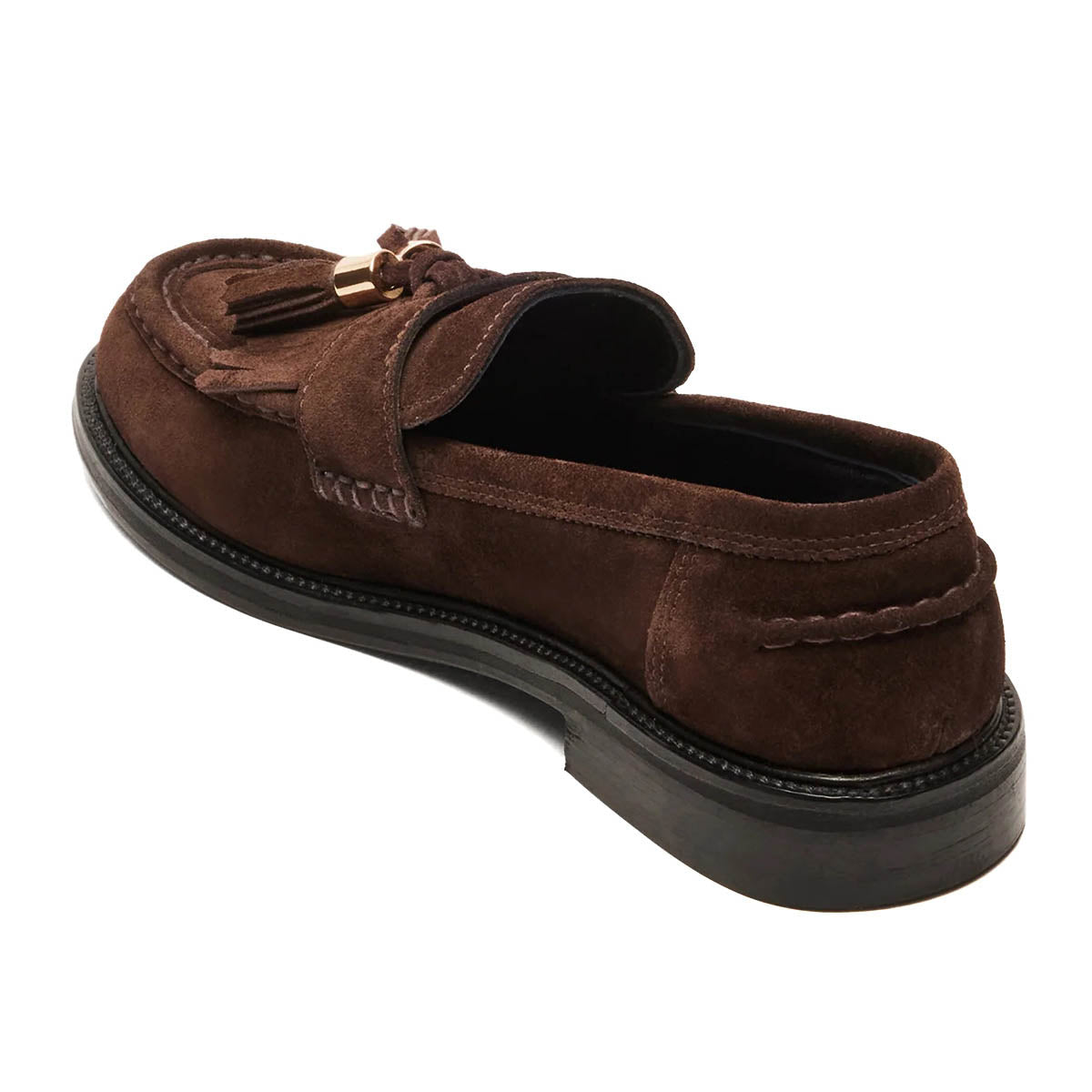 Brown Vegan Suede Fringe Moc Toe Low Heel Pull-On Womens Loafers