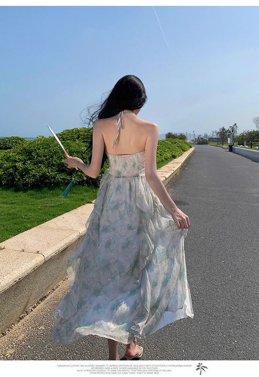 Simple Fashion Women Floaral Design Beach Holiday Halter Dress TP3074