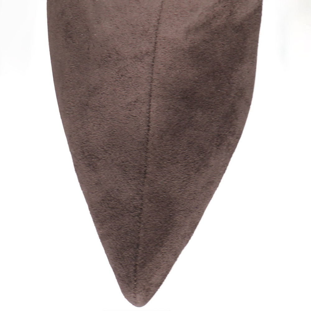 Dark Brown Vegan Suede Pointed Toe Ruffles Chunky Heel Knee High Boots