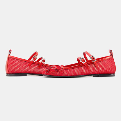 Red Mesh Floral Beads & Sequins Embellished Closed Toe Mary Jane Flats
