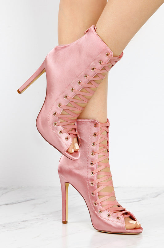 Women's Fashion Pink Satin Lace Up Peep Toe Heeled Ankle Boots