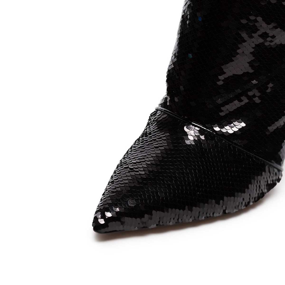 Black Sequined Stiletto Heel Zip Closure Pointed Toe Knee High Boots