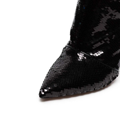 Black Sequined Stiletto Heel Zip Closure Pointed Toe Knee High Boots