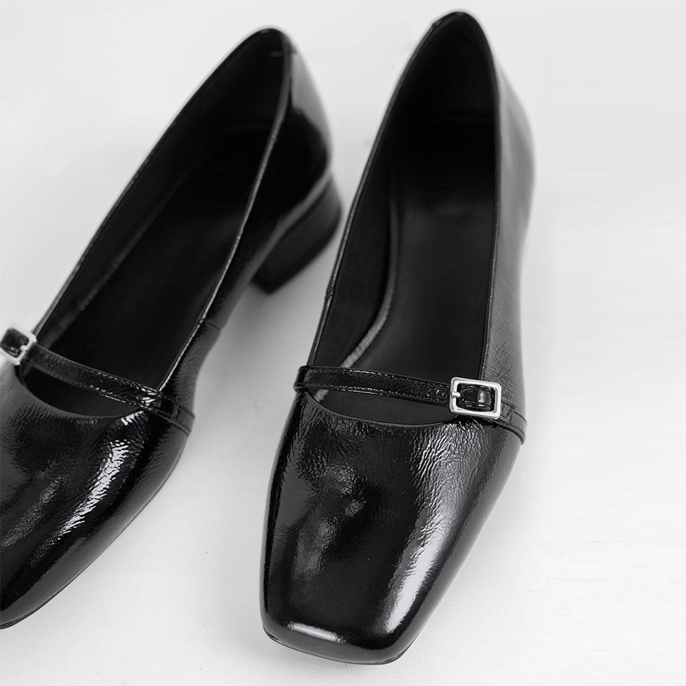 Black Vegan Leather Square Toe Buckle Strap Mary Jane Flats