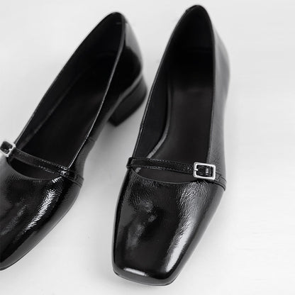 Black Vegan Leather Square Toe Buckle Strap Mary Jane Flats