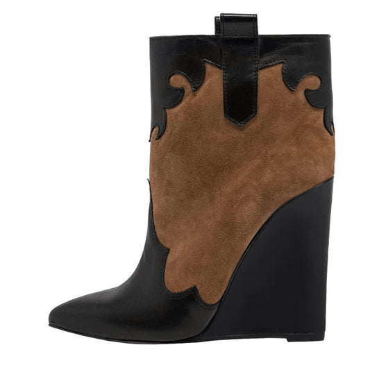 Black & Brown Vegan Suede Pointed Toe Western Ankle Boots with Wedges