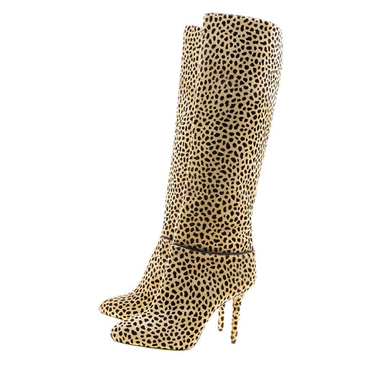 Khaki Leopard Print Stiletto Heels Round Toe Knee High Boots