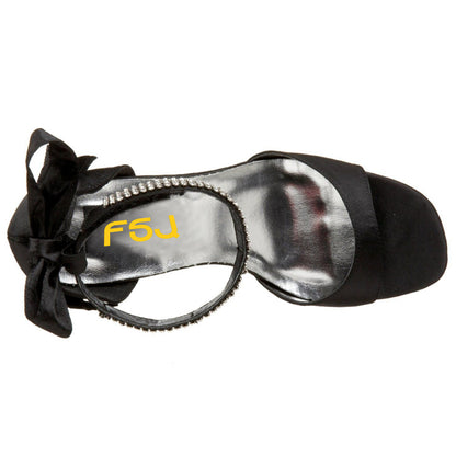 Black Bow Rhinestone Ankle Strap Chunky Heel Dress Sandals for Women