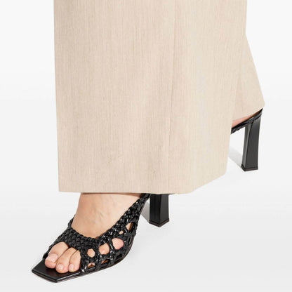 Black Vegan Leather Woven Square Toe Chunky High Heel Slides for Women