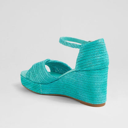 FSJ Turquoise Square-Toe Woven Platform Sandals with Wedge Heels
