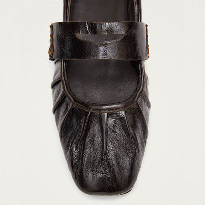 Dark Brown Strap Mary Jane Square Toe Ballet Flats for Women